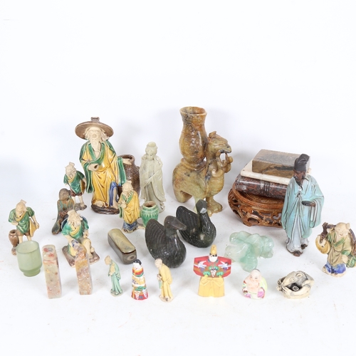 337 - Various Oriental items, including Shekwan figures, 2 hardstone seals, a hardstone candle holder etc