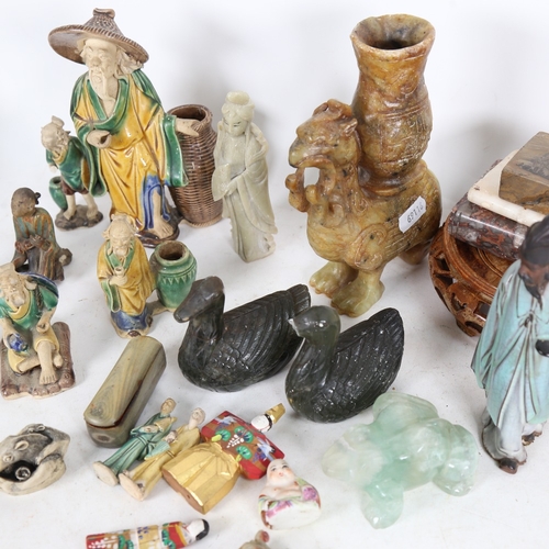 337 - Various Oriental items, including Shekwan figures, 2 hardstone seals, a hardstone candle holder etc