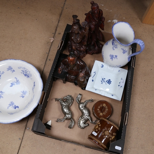 345 - A box of miscellaneous items, including 3 wooden Oriental figures, an ironstone wash bowl and jug et... 