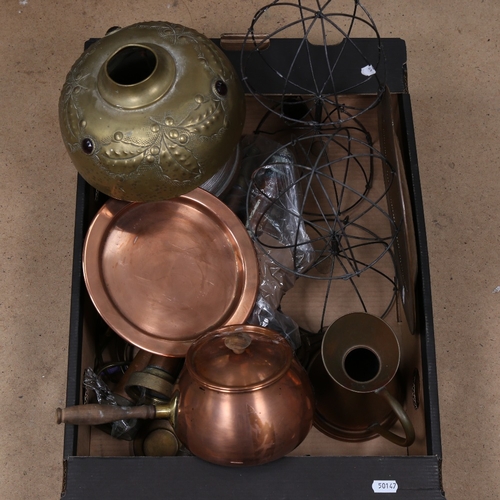 349 - A quantity of copper and brass items, including a Amsterdam school of art lamp, fire hose nozzles an... 