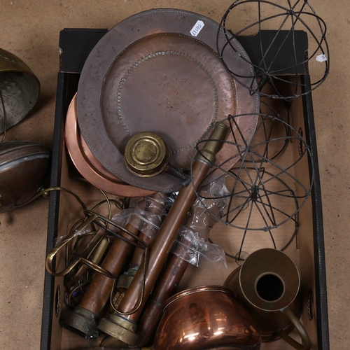 349 - A quantity of copper and brass items, including a Amsterdam school of art lamp, fire hose nozzles an... 