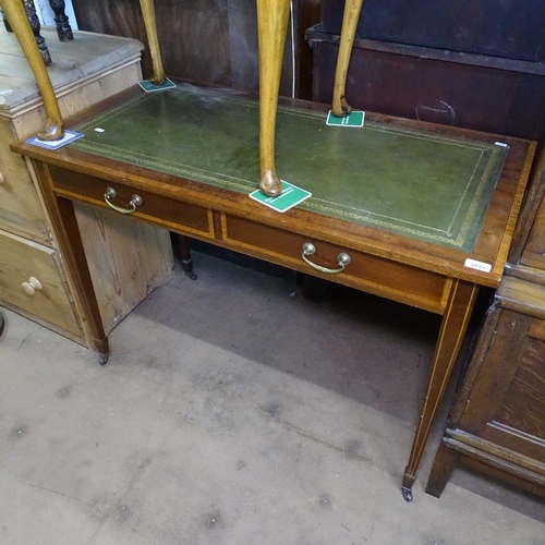 1839 - An Edwardian rectangular mahogany satinwood-banded writing table, with 2 frieze drawers, W107cm, H75... 