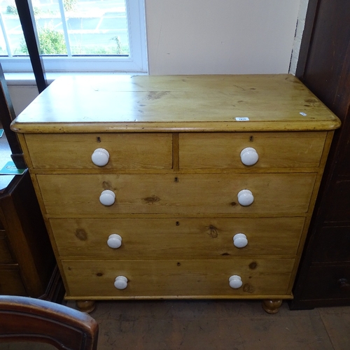 1850 - A Victorian pine 5-drawer chest, with ceramic handles and bun feet, W102cm, H99cm, D51cm