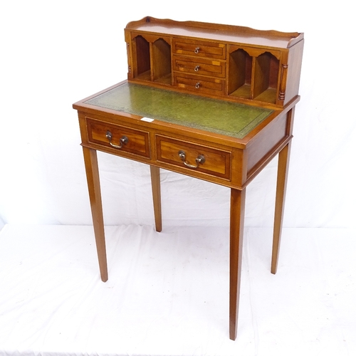 1865 - A reproduction lady's yew wood writing desk, with raised fitted super structure, 2 frieze drawers on... 