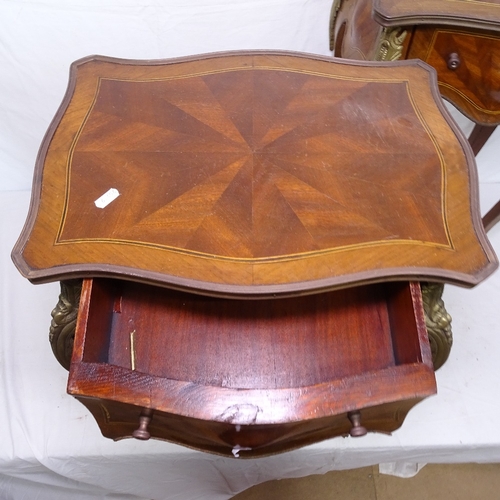 1884 - A pair of Continental crossbanded walnut side tables, with single frieze drawer, cabriole legs and b... 