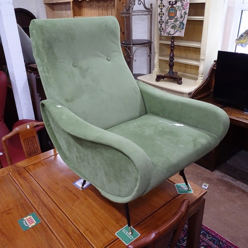 1908 - A modern Marco Zanuso mid-century style lounge chair, in green velvet, on steel and brass feet