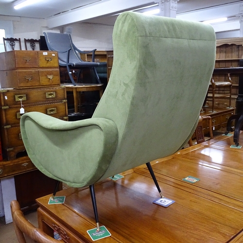 1908 - A modern Marco Zanuso mid-century style lounge chair, in green velvet, on steel and brass feet