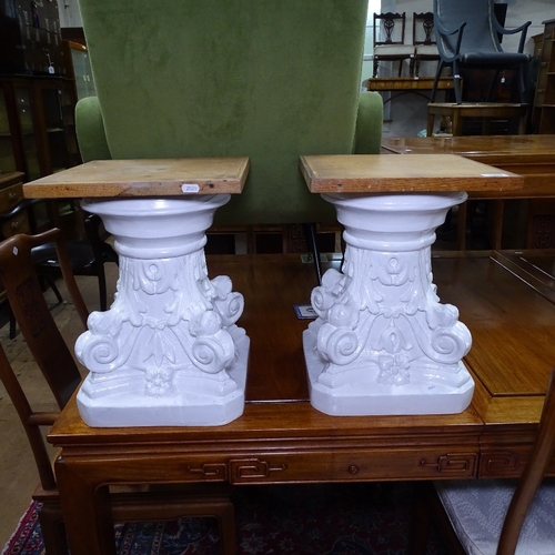 1909 - A pair of painted composite pedestals, with square oak tops, W33cm, H43cm