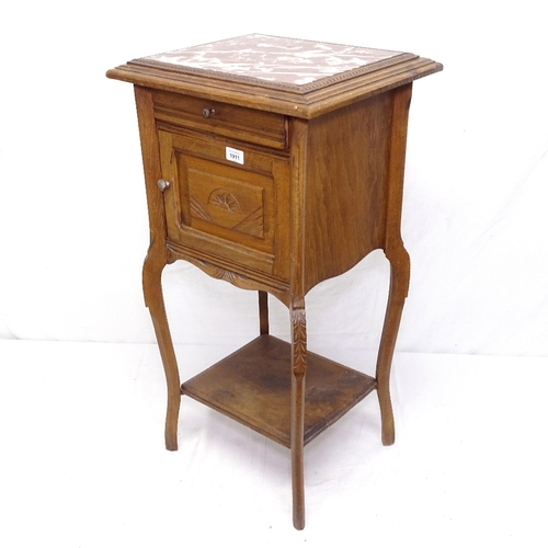 1911 - A French walnut and marble-top pot cupboard, W40cm, H85cm, D38cm