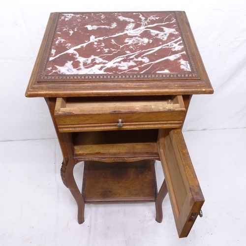 1911 - A French walnut and marble-top pot cupboard, W40cm, H85cm, D38cm