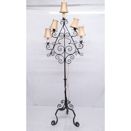 1914 - A scrolled wrought-iron floor standing chandelier, H168cm