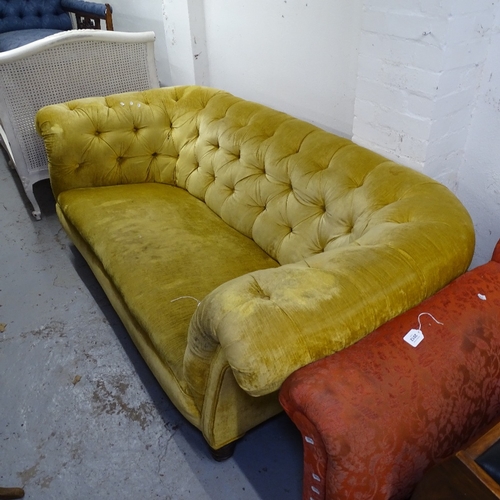 2015 - A Victorian button-back upholstered rollover arm Chesterfield, L210cm, H70c, seat height 40cm and de... 