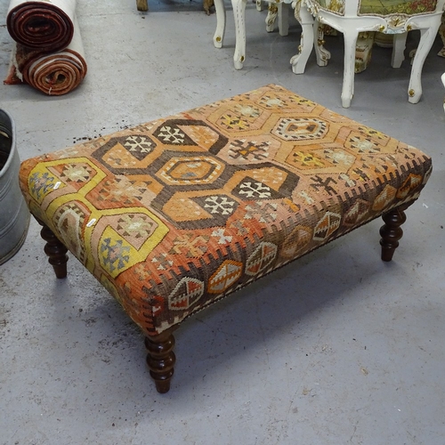 2017 - A rectangular footstool with Kilim rug upholstery, on turned legs, W95cm, H35cm, D68cm