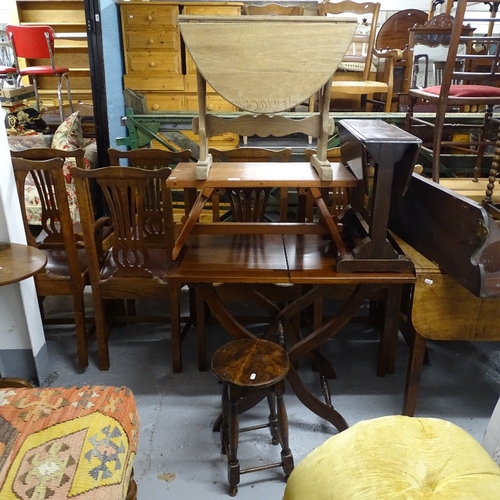 2027 - A hardwood coaching style folding table, a drop leaf table, a stool etc (5)