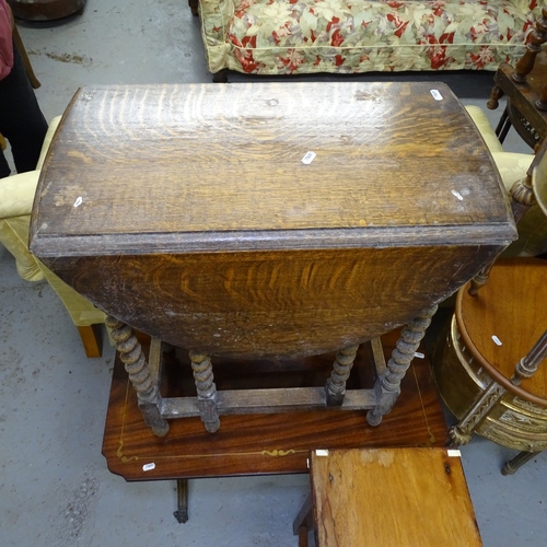 2032 - A mahogany brass-inlaid coffee table, an oak gateleg table, and a stool (3)