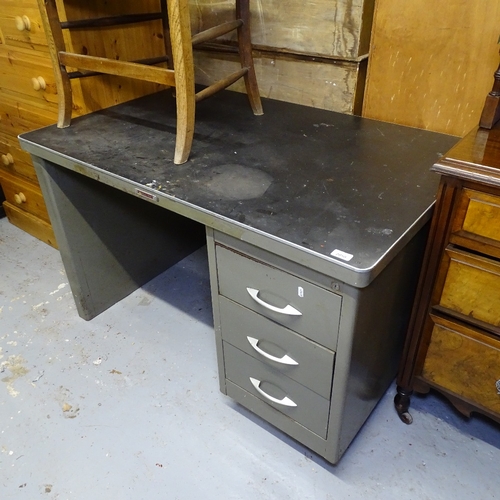 2058 - A mid-century metal single-pedestal writing desk, label for Remington Rand, W119cm, H74cm, D76cm