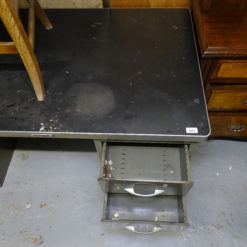 2058 - A mid-century metal single-pedestal writing desk, label for Remington Rand, W119cm, H74cm, D76cm