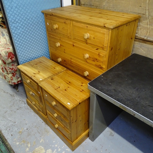 2059 - A modern polished pine 6-drawer chest, W92cm, H113cm, D45cm, and a pair of matching 3-drawer bedside... 