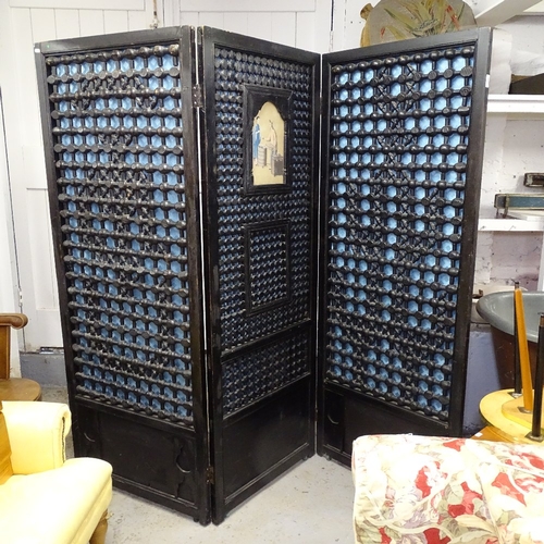 2060 - An ebonised 3-fold screen, with lattice-work panels, W200cm, H178cm