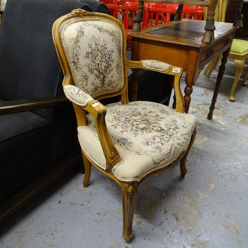 2083 - A Continental carved and stained beech-framed open-arm bedroom chair, with tapestry panels