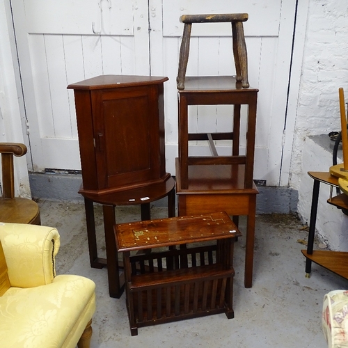 2090 - A brass-inlaid hardwood Canterbury, occasional tables, and a small corner cabinet (5)