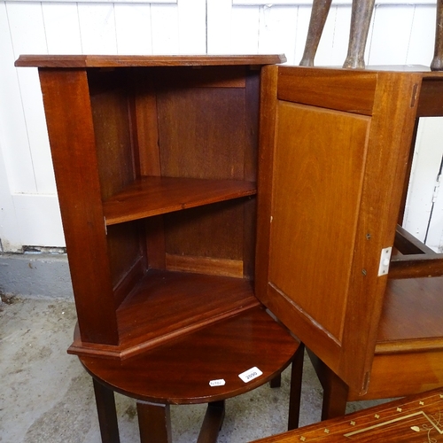 2090 - A brass-inlaid hardwood Canterbury, occasional tables, and a small corner cabinet (5)