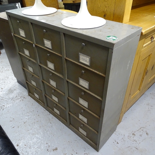 2095 - A Vintage industrial grey metal cabinet with 15 pigeon holes, W112cm, H113cm, D32cm