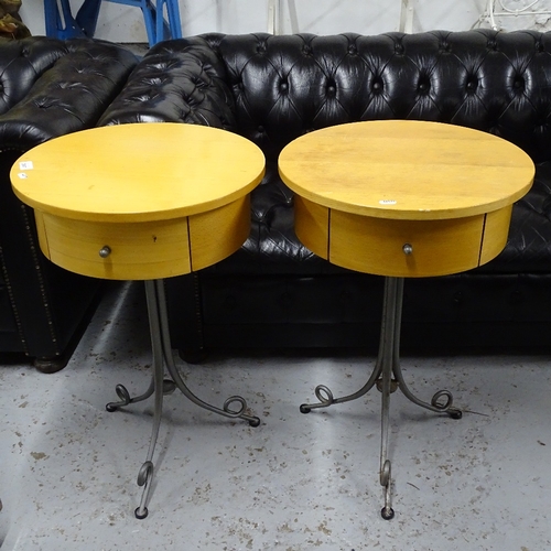 2097 - A pair of beech drum design bedside tables, W44cm, H66cm