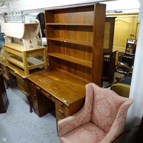 2101 - A Heals style mid-century teak writing desk, with raised shelved back, and fitted drawers under, W11... 