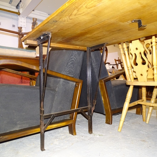 2108 - An Antique plank-top pine tressel table, on folding metal base, L182cm, H76cm, D65cm