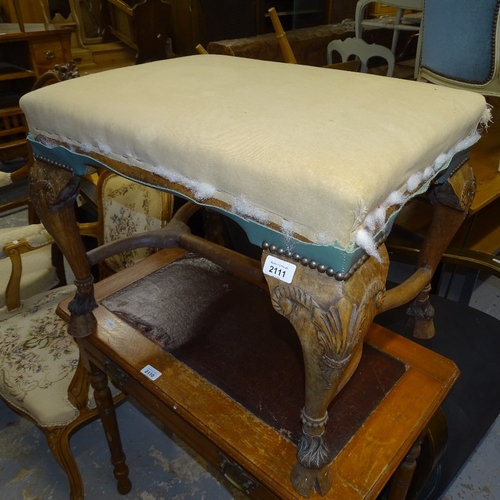 2111 - A Victorian mahogany dressing stool, on ram's head carved cabriole legs, with hoof feet, W62cm, H48c... 