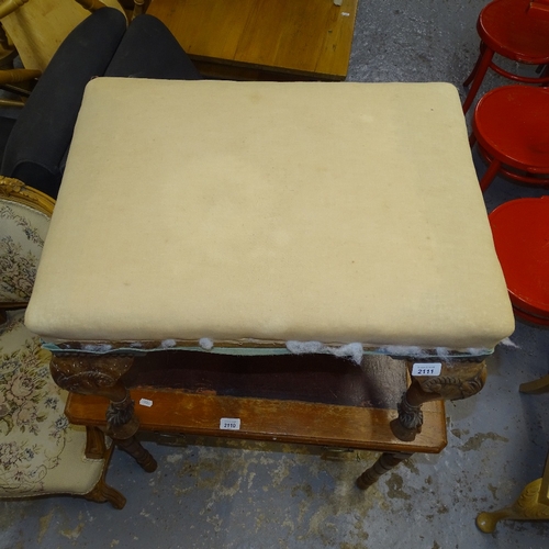 2111 - A Victorian mahogany dressing stool, on ram's head carved cabriole legs, with hoof feet, W62cm, H48c... 