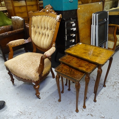 2130 - A Victorian walnut-framed and upholstered open-arm bedroom chair, and a walnut nest of 3 occasional ... 