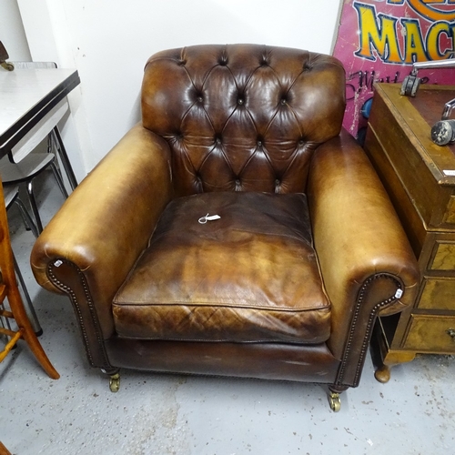 2146 - A Howard style button-back and studded brown leather-upholstered armchair, W96cm, H90cm, seat height... 