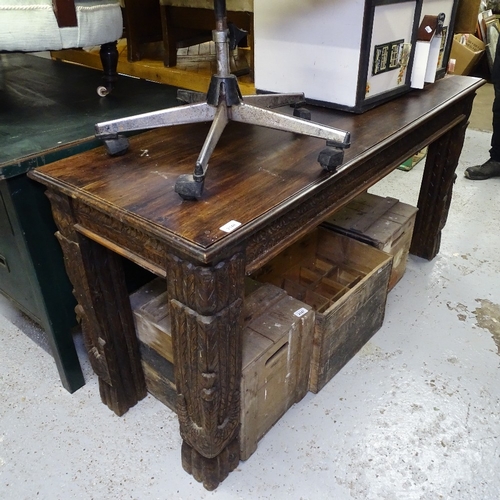 2148 - A rectangular hardwood console table, on relief carved legs, L150cm, H76cm, D55cm