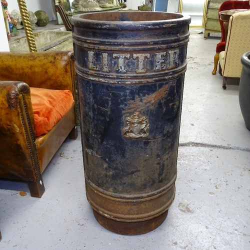 2188 - A cast-iron litter bin, with applied crest, H84cm, W40cm (WITH THE OPTION TO PURCHASE THE NEXT LOT)