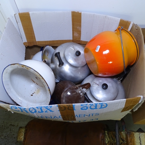 2207 - A quantity of blue, green and red enamelled pots, pans etc