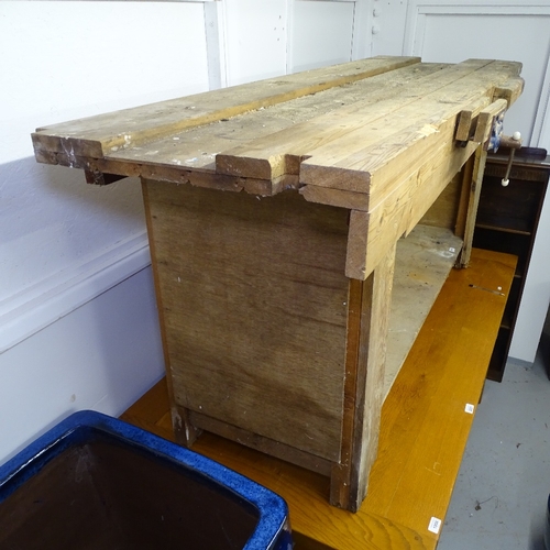 2220 - A Vintage pine workbench with a Record vice, L193cm, H85cm, D62cm