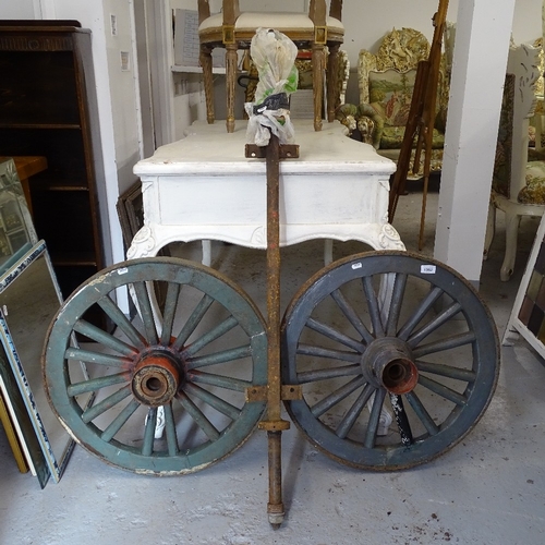 1952 - A pair of Vintage painted barrow-boy cartwheels and axel, wheel diameter 60cm