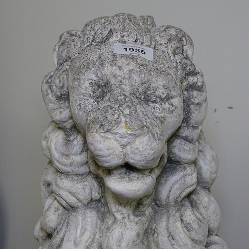 1955 - A weathered and painted concrete garden statue, study of a seated lion, H60cm