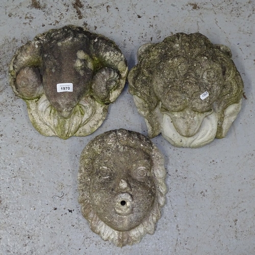 1970 - 3 weathered concrete wall plaques, lion, ram, and cherub head