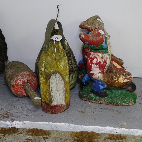 1972 - A pair of painted garden concrete gnome figures, and 3 Vintage painted wood garden stands