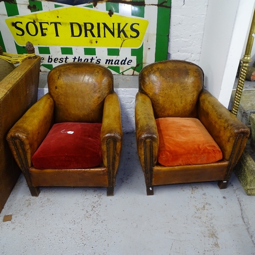 1983 - A pair of Art Deco studded brown leather upholstered Club chairs