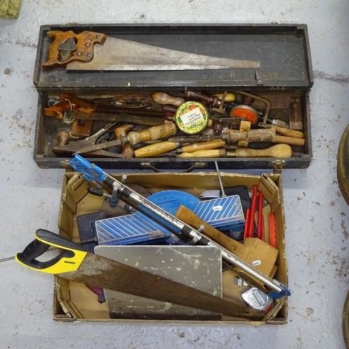 1994 - A carpenter's wooden toolbox, with various hand tools, and a box of miscellaneous hand tools