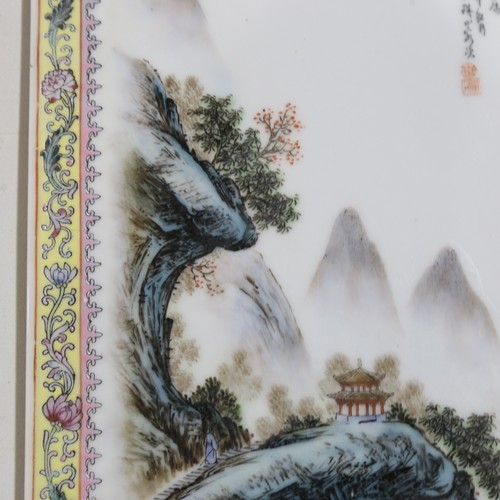 105 - A 20th century Chinese porcelain tile, with hand painted enamel decoration, 31.5cm x 23cm.