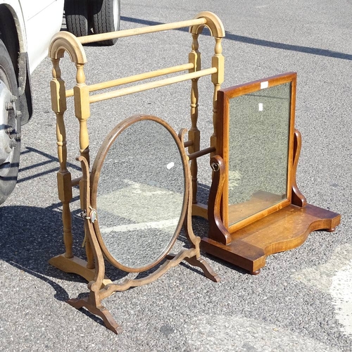 2238 - 2 mahogany swing toilet mirrors and a pine towel rail