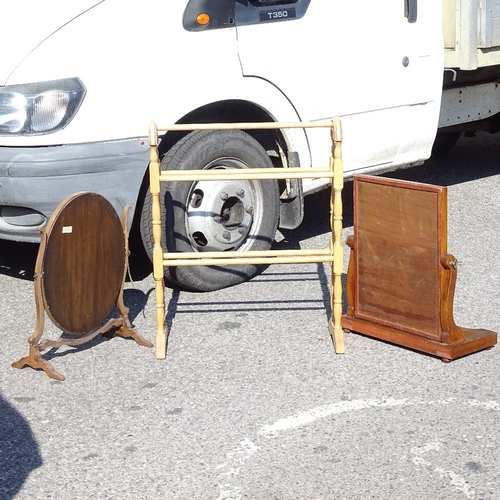 2238 - 2 mahogany swing toilet mirrors and a pine towel rail