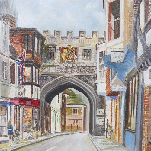 48 - Rhys Jenkins, oil on board, a town gateway, signed, 20