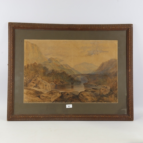 81 - Circle of J M W Turner, watercolour, river landscape, signed, 16