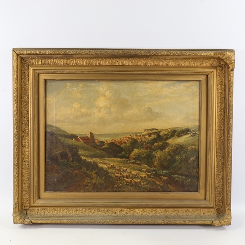 87 - 19th century oil on canvas, view over Hastings, unsigned, 16